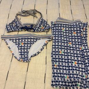 Trina Turk Blue and White Patterned Bikini with matching pants.